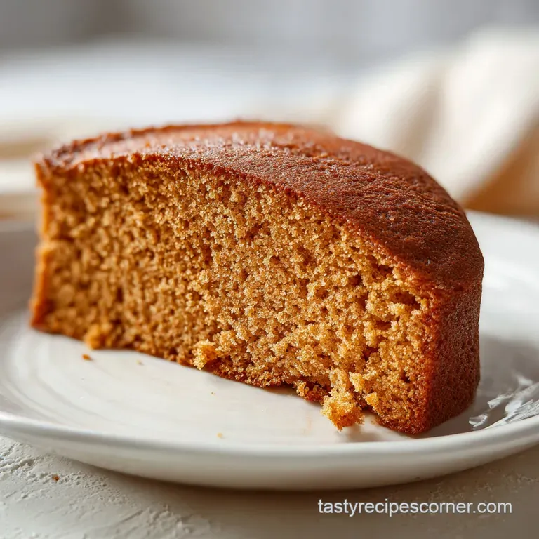 A slice of warm, spiced amber cake on a white ceramic plate with a dollop of whipped cream and apple slices.