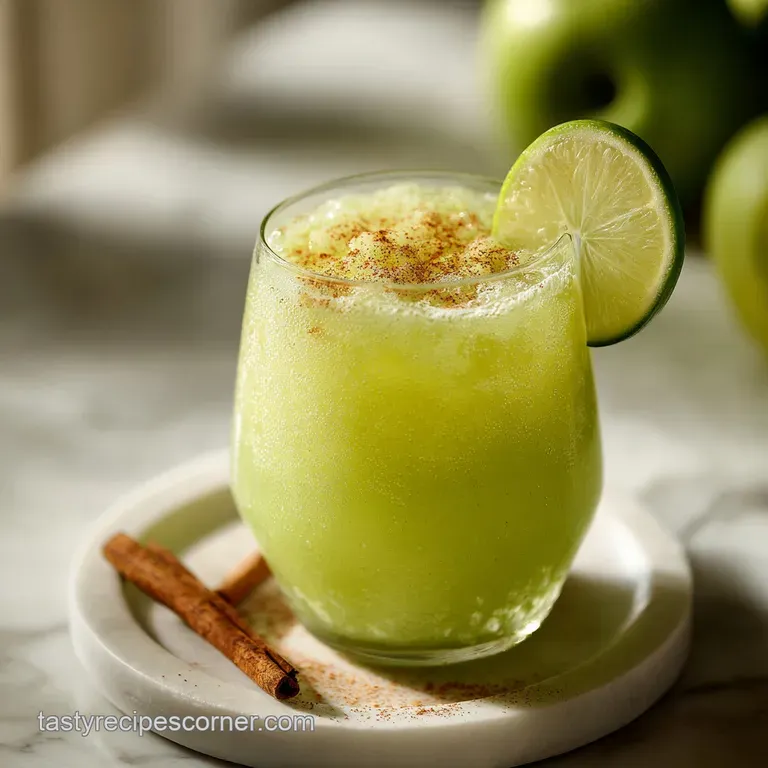 An elegant wine glass filled with vibrant green sangria, garnished with thin apple slices and a bright cherry.