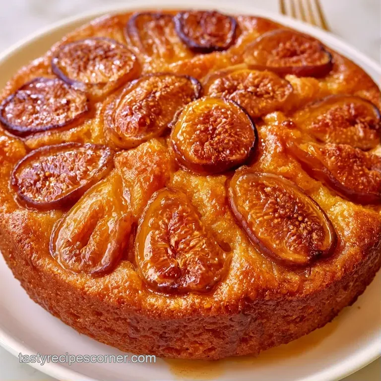 A slice of moist golden cake on a white ceramic plate, garnished with fresh fig wedges and a drizzle of honey.