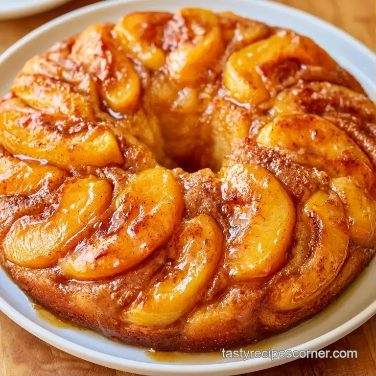 A slice of moist yellow cake with glazed peaches on a white ceramic plate, paired with a dollop of fresh whipped cream.