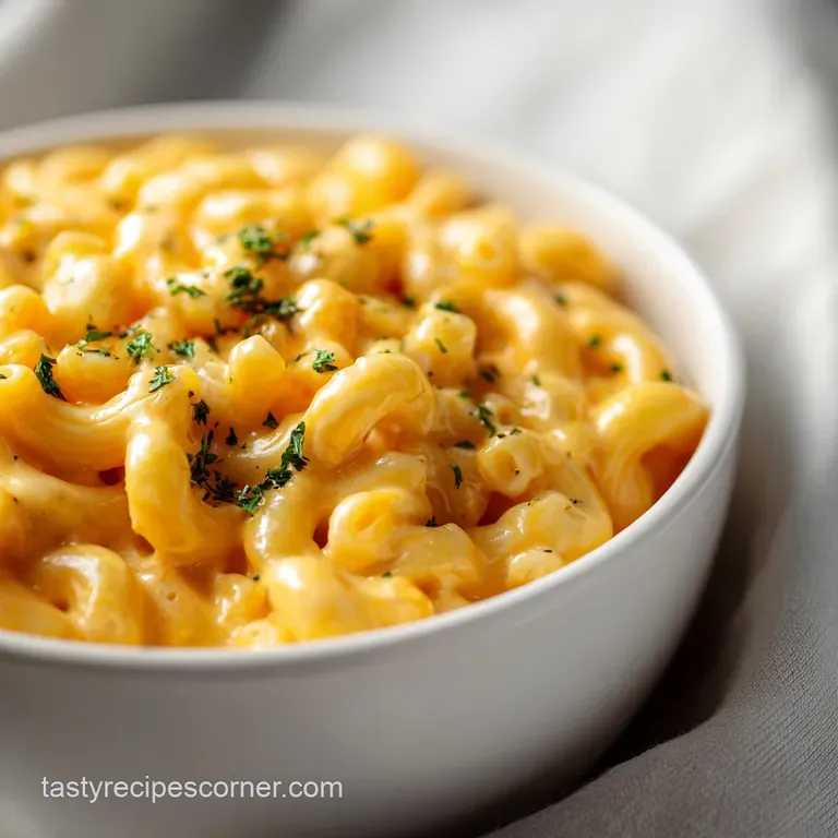 Creamy mac and cheese, elegantly plated, topped with fresh herbs. Steaming, comforting dish with a rustic charm.
