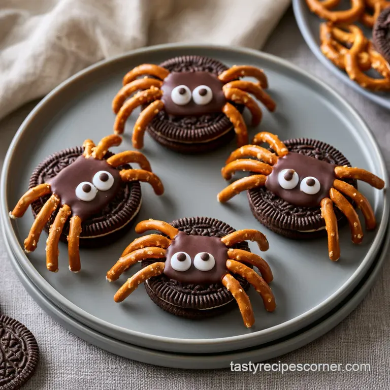 Dark cocoa cookies with salty pretzel stick legs and tiny white eyes displayed on a rustic dark wooden board.
