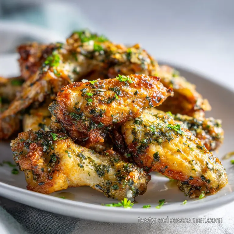 Oven-baked chicken wings arranged artfully on a rustic wooden board, sprinkled with fresh parsley and garlic flakes.