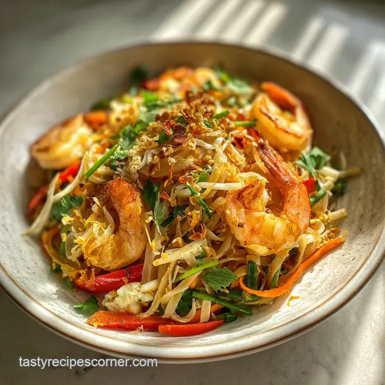 Artfully plated Pad Thai with a sprinkle of chili flakes. Steam rises, hinting at warmth and savory aromas. Lime slice per...