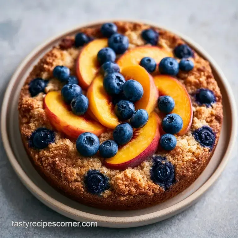 A thick slice of golden cake on a ceramic plate, paired with fresh blueberries and a dollop of whipped cream.
