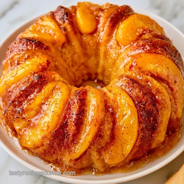 A slice of moist golden cake on a white ceramic plate, drizzled with a creamy glaze and paired with fresh peaches.