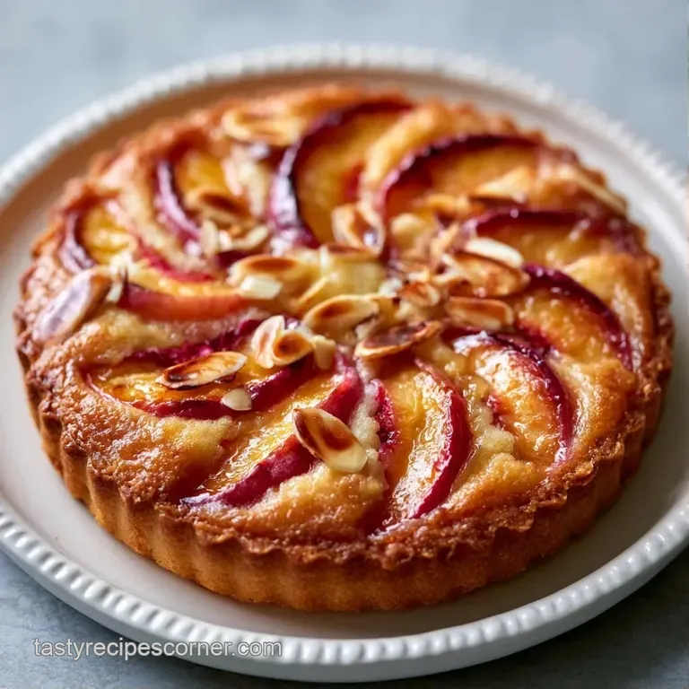 A slice of warm fruit cake with a golden crust on a white plate, topped with a dollop of melting vanilla ice cream.