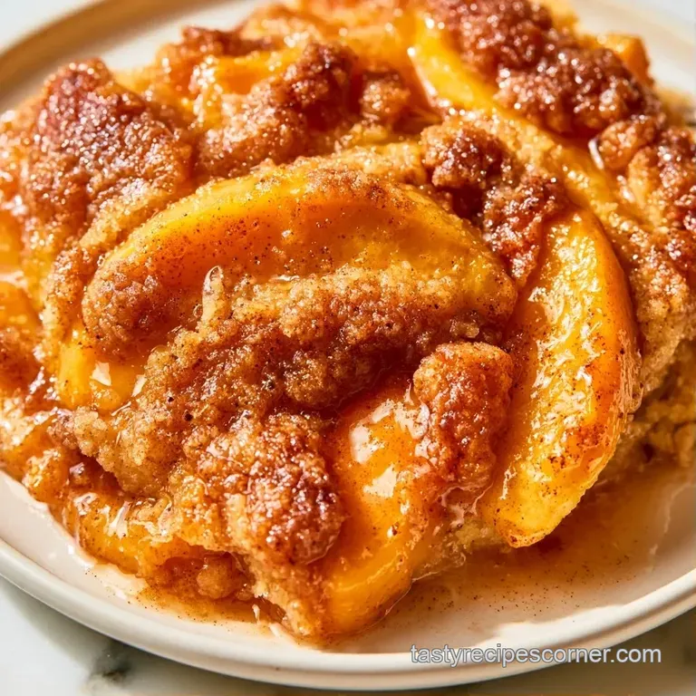 A slice of warm peach cake topped with a melting scoop of vanilla ice cream on a white ceramic dessert plate.