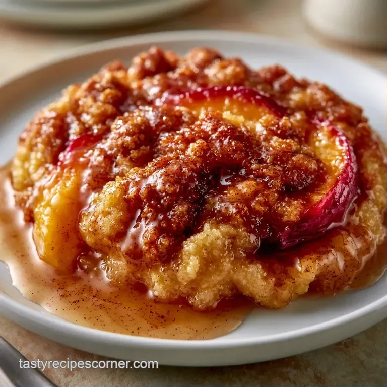 A warm slice of fruit crumble topped with a melting scoop of vanilla ice cream on a clean white ceramic plate.