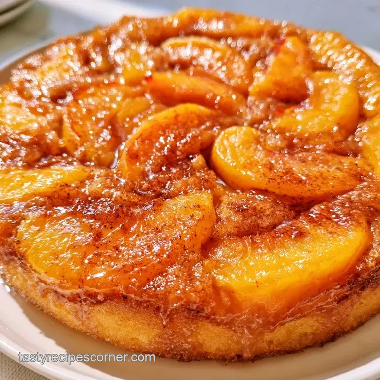 A slice of golden cake topped with glistening orange peaches and a melting scoop of vanilla ice cream on a white plate.