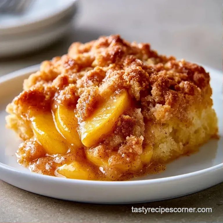 A slice of golden cake topped with juicy peach slices and a dollop of melting vanilla ice cream on a white plate