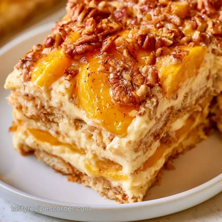 A precise slice of layered chilled dessert featuring bright orange peach wedges and a sprinkle of toasted pecans.