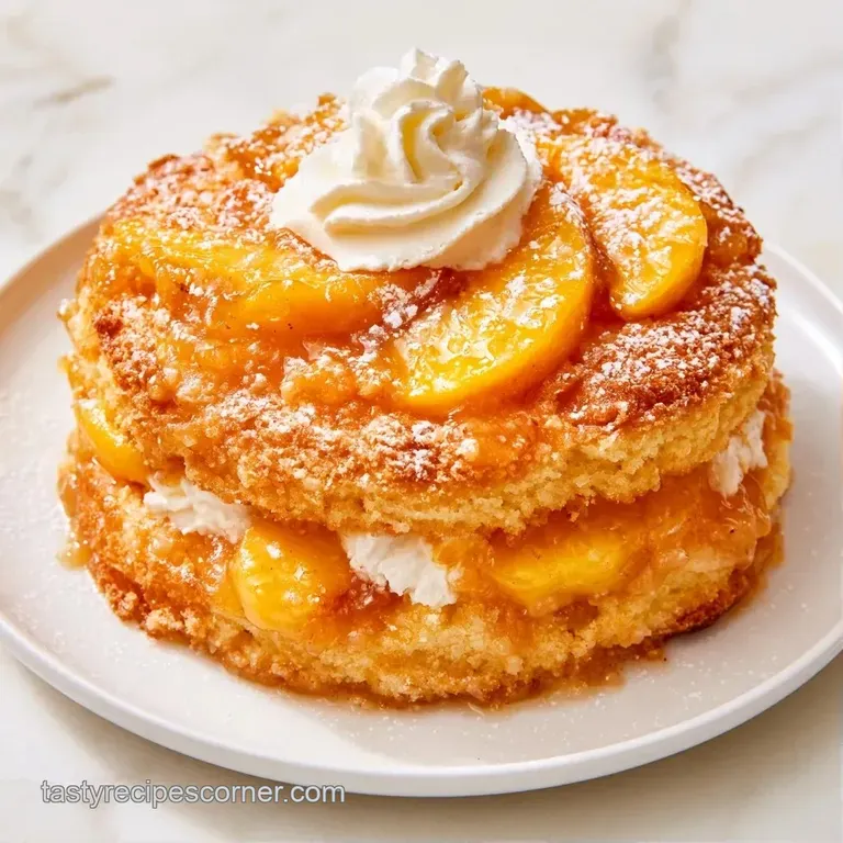A neat slice of golden sponge layered with thick cream and vibrant peaches on a white plate with a mint garnish.
