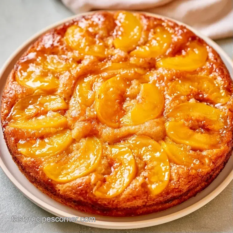 A slice of airy yellow sponge cake with a glazed peach slice on a white plate, garnished with a fresh mint leaf.