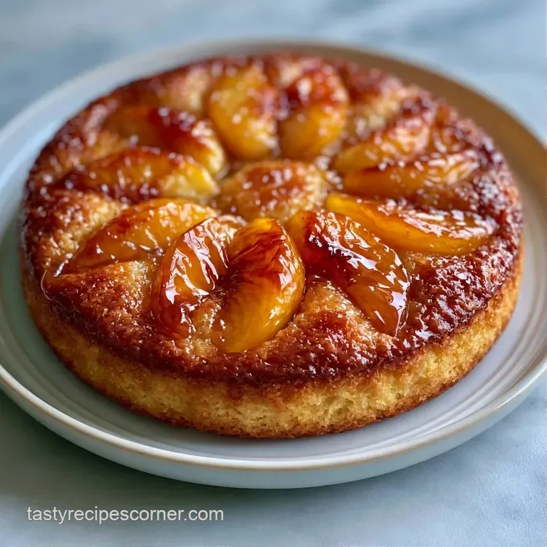 A slice of moist golden cake with caramelized peaches served on a white plate with a dollop of whipped cream.