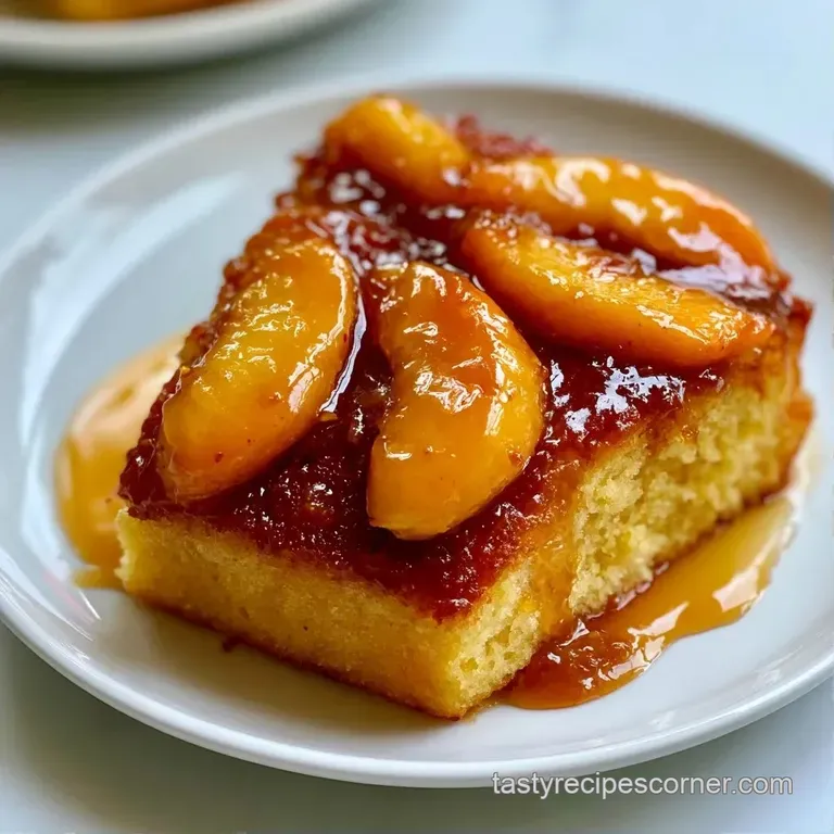 Single slice of golden cake topped with syrup-glazed peaches on a white plate with a sprig of mint and whipped cream.