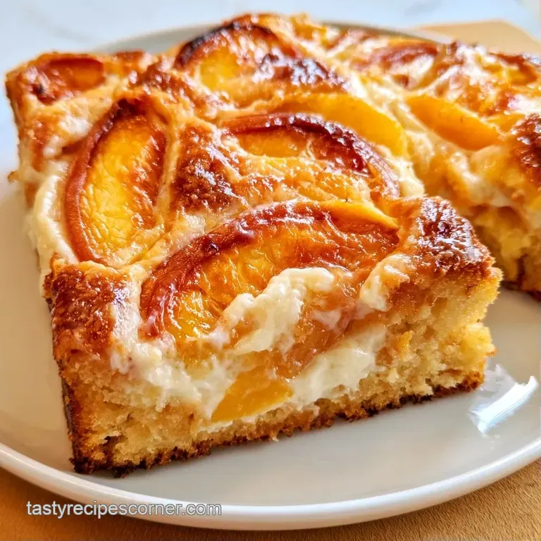 A neat square of cake on a ceramic plate, topped with pillowy white cream and glossy, sliced orange peaches.