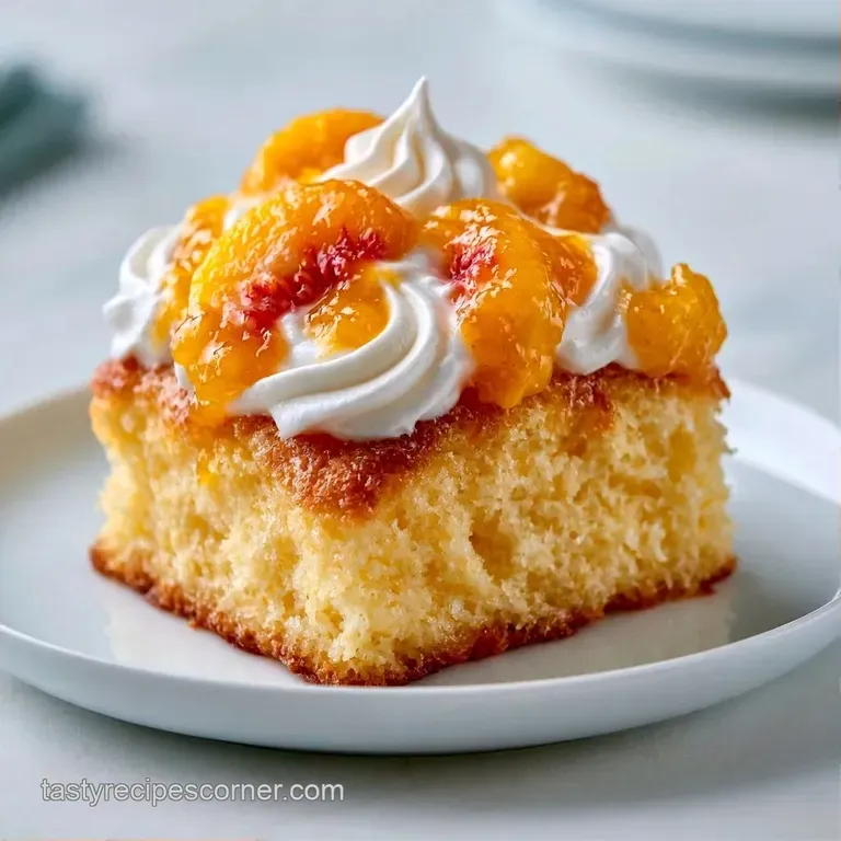 A thin slice of airy sponge cake layered with whipped cream and fresh peach wedges on a minimalist white porcelain plate.
