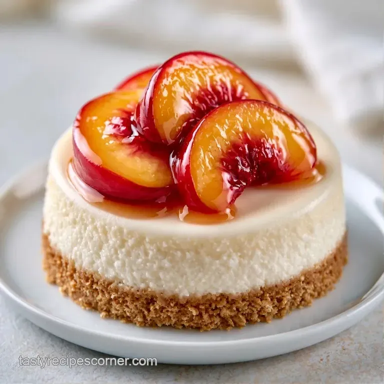 A thin slice of cream cake topped with glazed peach wedges on a white ceramic plate with a sprig of fresh mint.