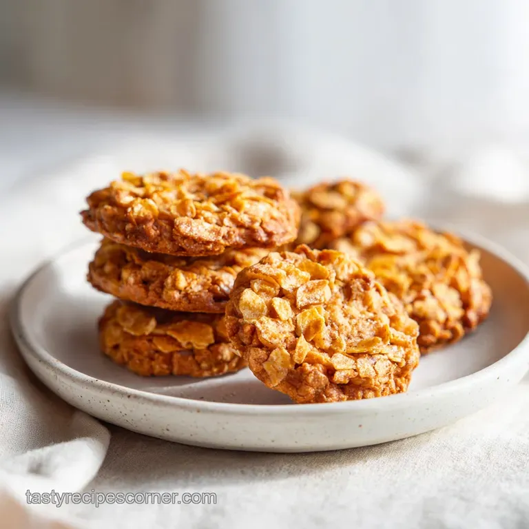 A single peanut butter cornflake cookie with crispy edges on a white plate, showing its craggy texture and golden color.