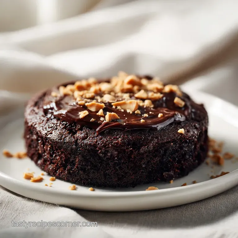 A thick slice of brownie cake with peanut butter frosting, drizzled chocolate, served on a white dessert plate.