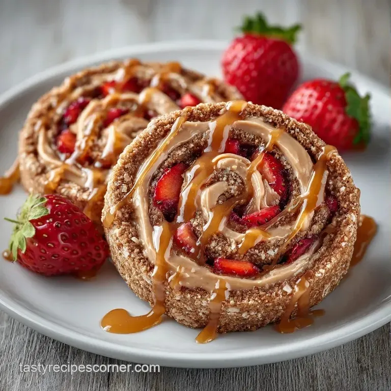 Neatly sliced rolls arranged in a row on a clean white plate, paired with vibrant, whole fresh strawberries.