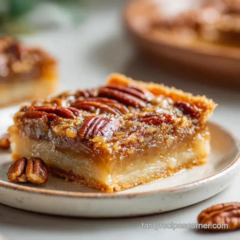 Individual pecan pie bar slice, glistening with a sticky-sweet filling, elegantly plated with a dusting of powdered sugar.