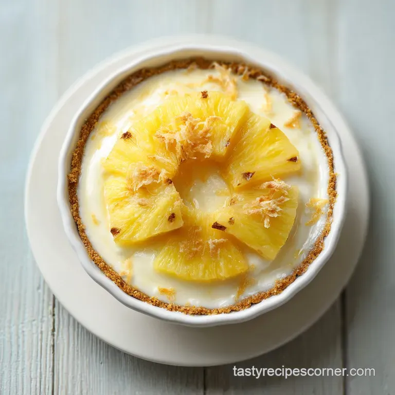 A slice of tropical coconut pie on a white plate shows creamy layers with pineapple chunks, topped with fluffy meringue.