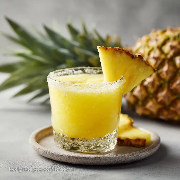 Chilled margarita in a salt-rimmed glass, garnished with pineapple frond and juicy lime. A tropical, refreshing cocktail.