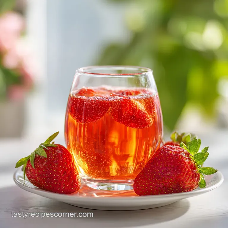 A chilled glass filled with bubbly rose-colored drink, adorned with a fresh strawberry slice.