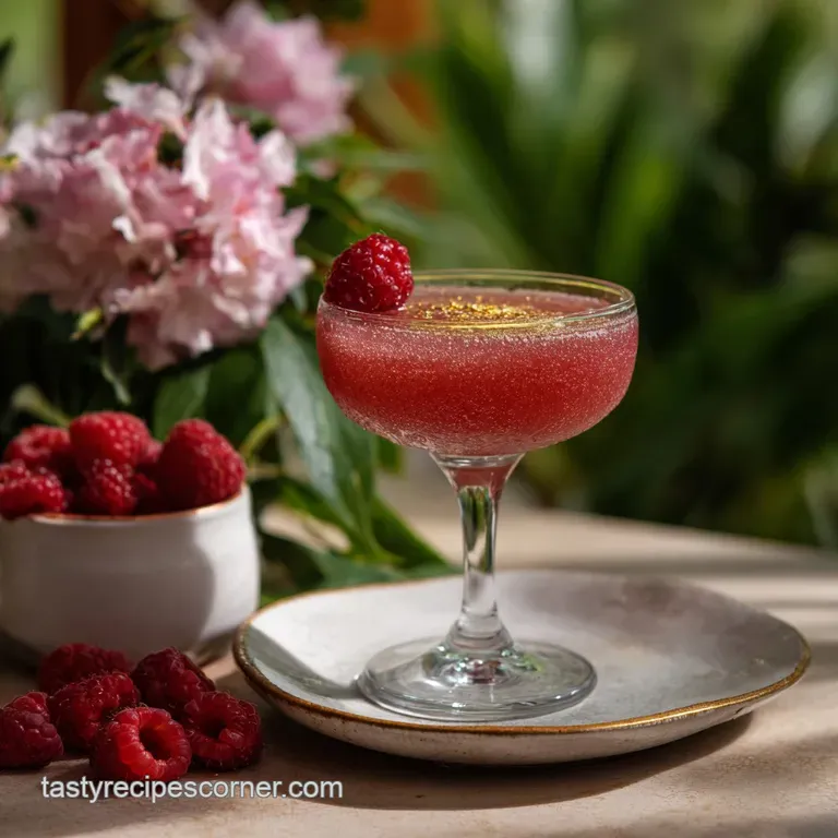 Elegant pink cocktail with a raspberry garnish, sitting on a reflective surface near scattered rose petals, suggesting a c...