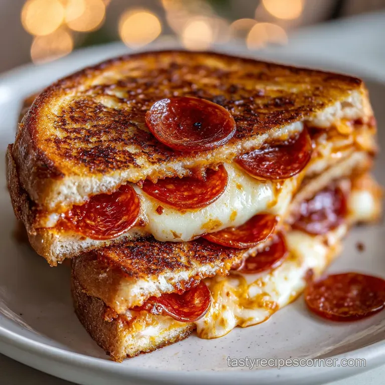 Crusty grilled cheese sandwich with melted cheese and visible pepperoni, arranged on a checkered napkin for a cozy present...