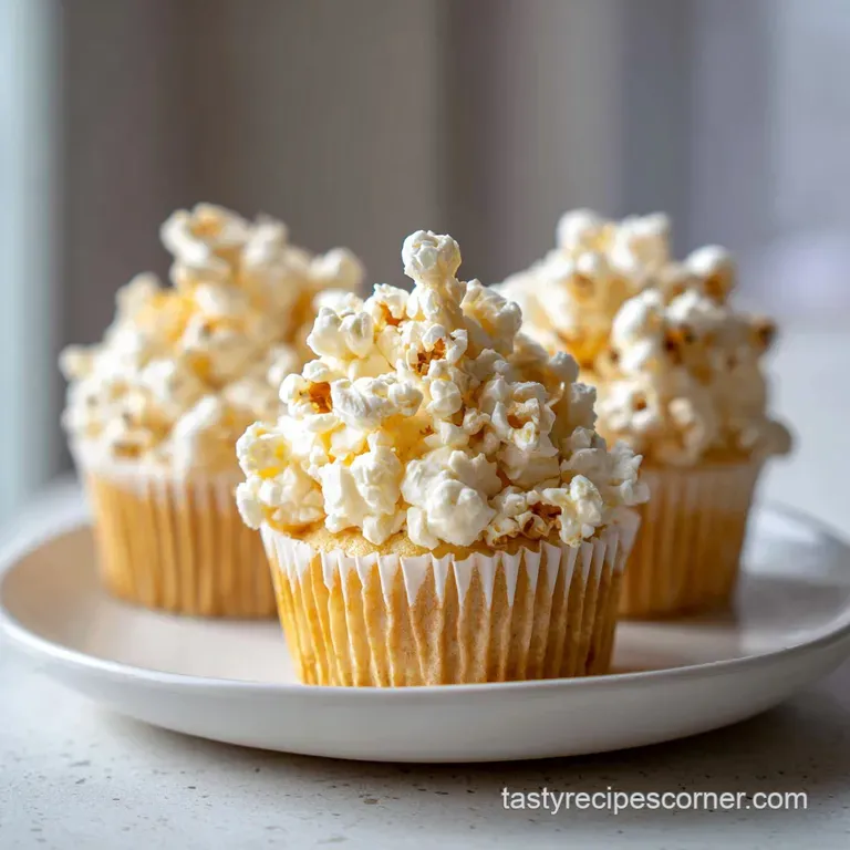 A whimsical cupcake on a vintage plate; creamy yellow frosting swirls resemble popcorn, hinting at salty-sweetness.