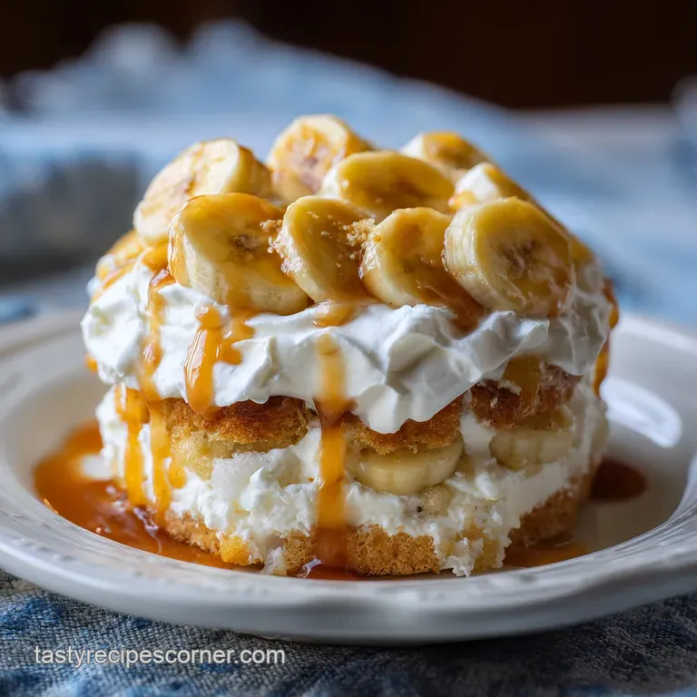 Elegant layered banana pudding in a parfait glass, featuring whipped cream peaks, wafer accents, and caramelized banana sl...