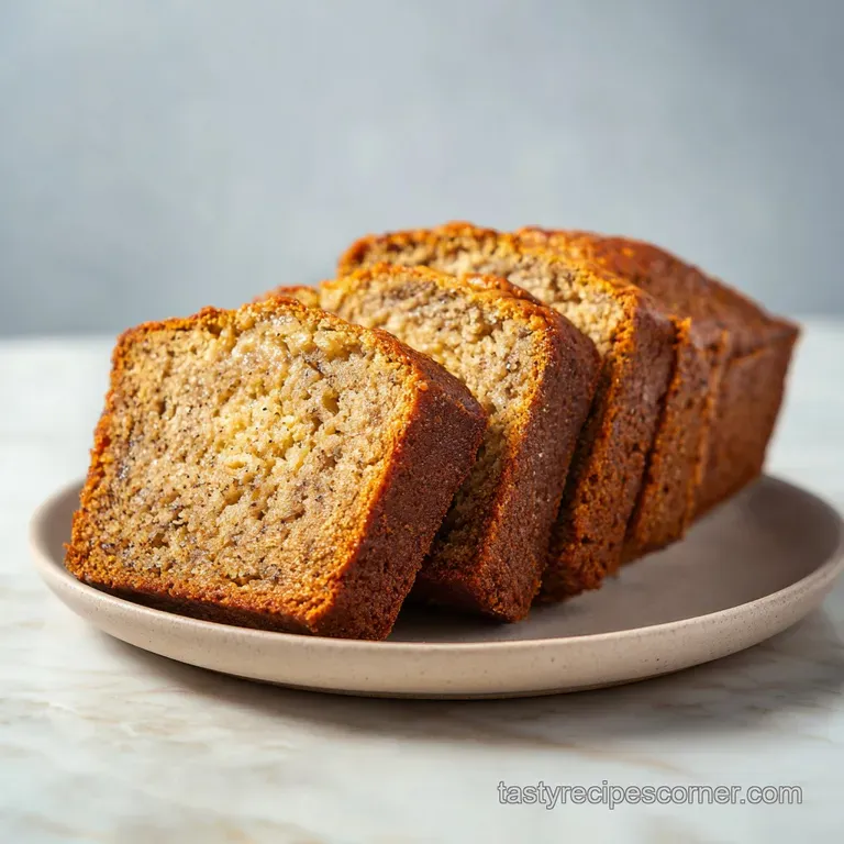 A thick slice of moist golden cake on a white ceramic plate with a creamy yogurt dollop and a drizzle of honey.