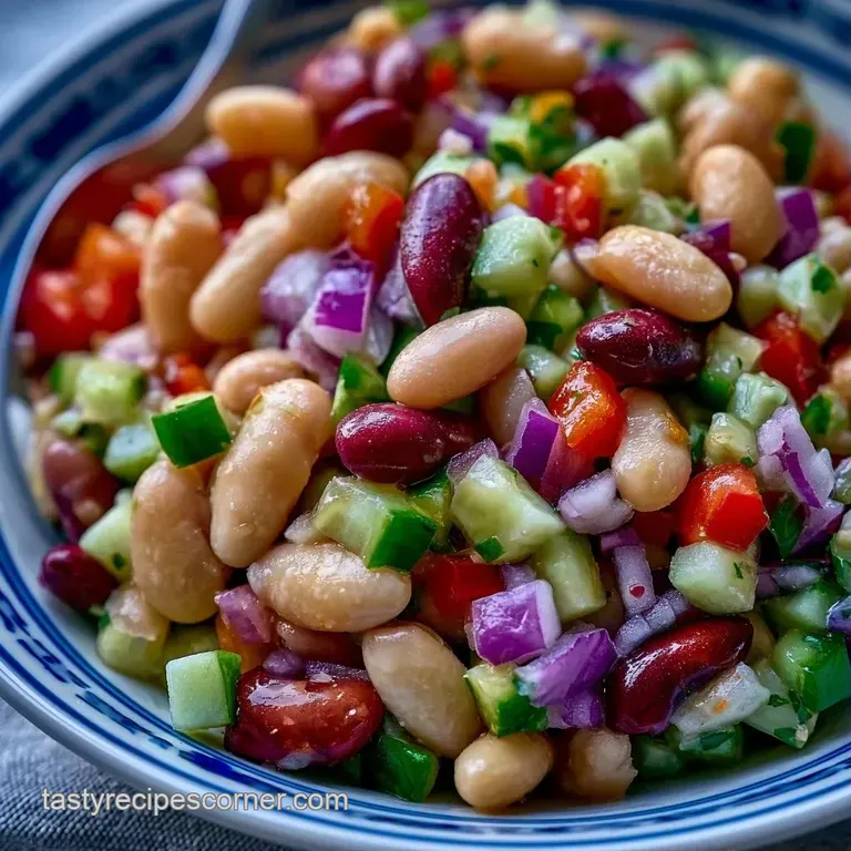 Colorful mix of kidney beans, chickpeas, and yellow corn in a white bowl, garnished with chopped flat-leaf parsley.