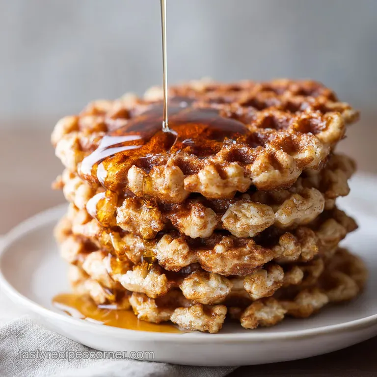 Elegant plate of fluffy golden waffles drizzled with amber syrup and garnished with fresh raspberries and mint.