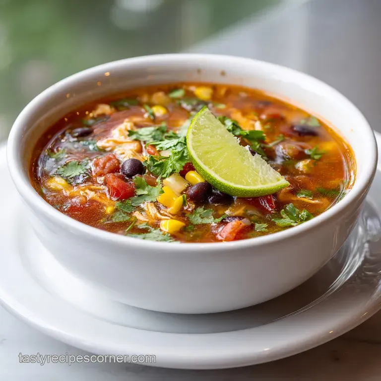 Creamy, golden taco soup in a white bowl, topped with cilantro and a dollop of sour cream. Fresh and inviting.