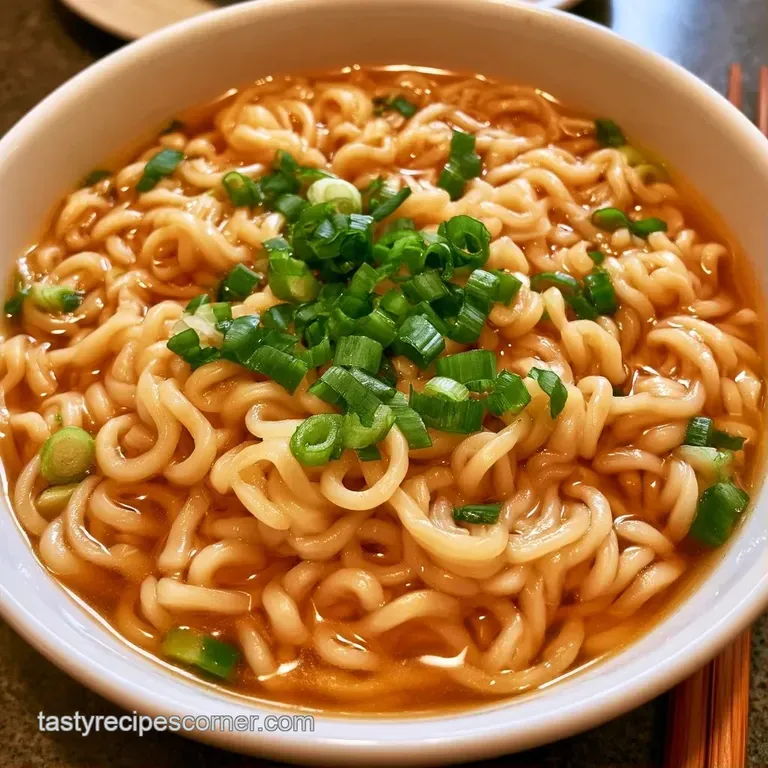 White ceramic bowl of savory broth filled with swirling noodles, topped with sliced scallions and sesame seeds.