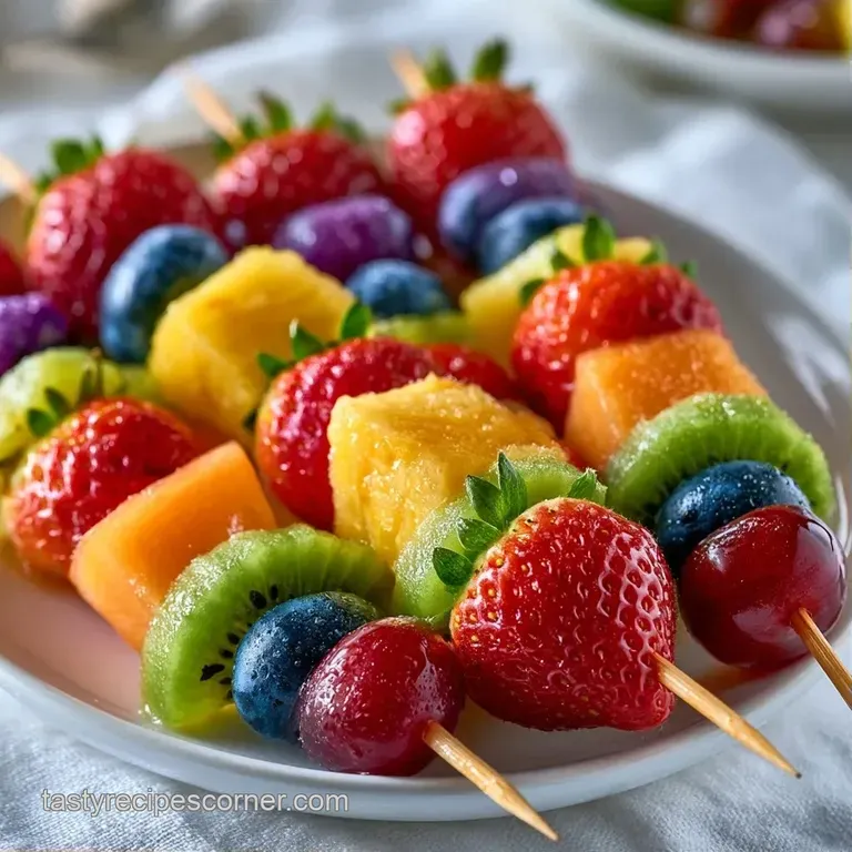 Neatly aligned skewers of bright red, orange, green, and purple fruits on a slate platter with fresh mint leaves.