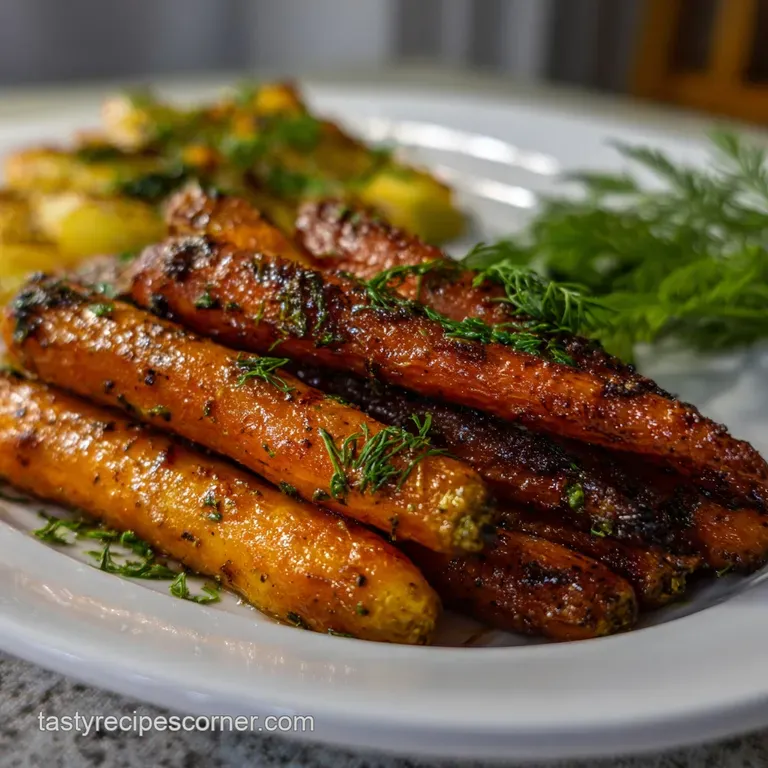Glossy roasted carrots drizzled with creamy ranch dressing on a white plate, offering a tempting balance of color and text...