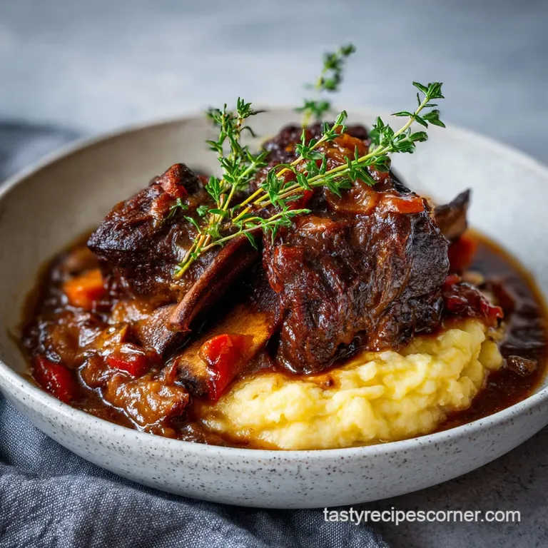 Tender short ribs elegantly plated with a swirl of creamy mashed potatoes and a sprinkle of herbs.
