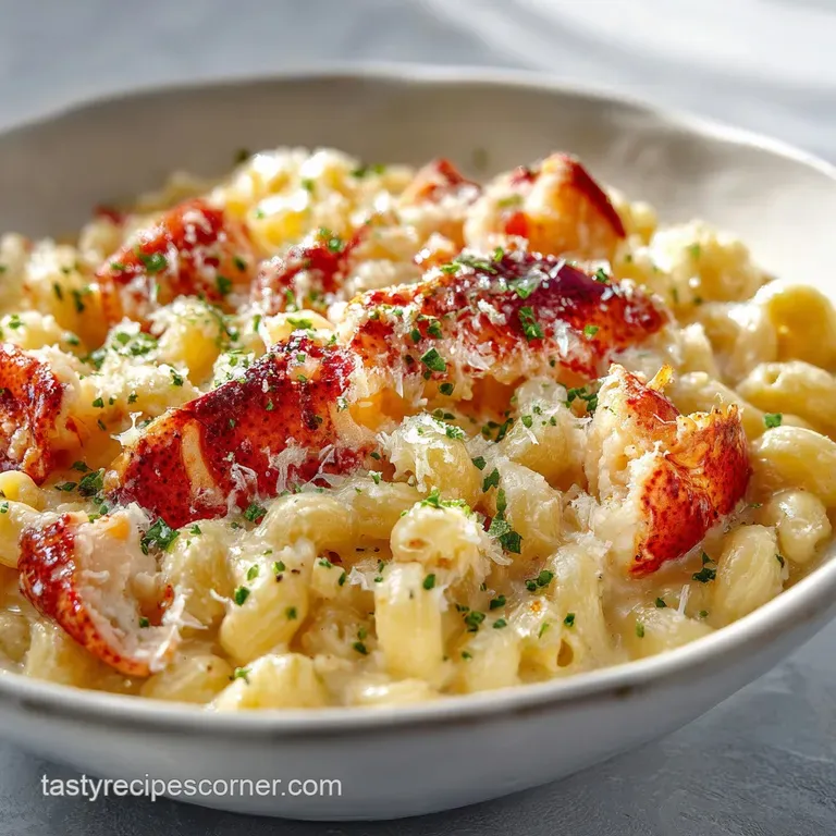 Elegant portion of lobster mac, glistening with butter. Garnished with fresh parsley and served in a shallow white bowl, b...