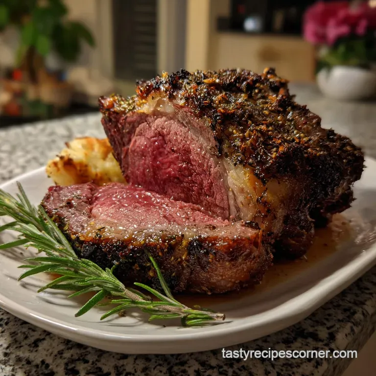 Elegant plate featuring a perfectly sliced beef roast, drizzled with jus, alongside creamy mashed potatoes and vibrant gre...