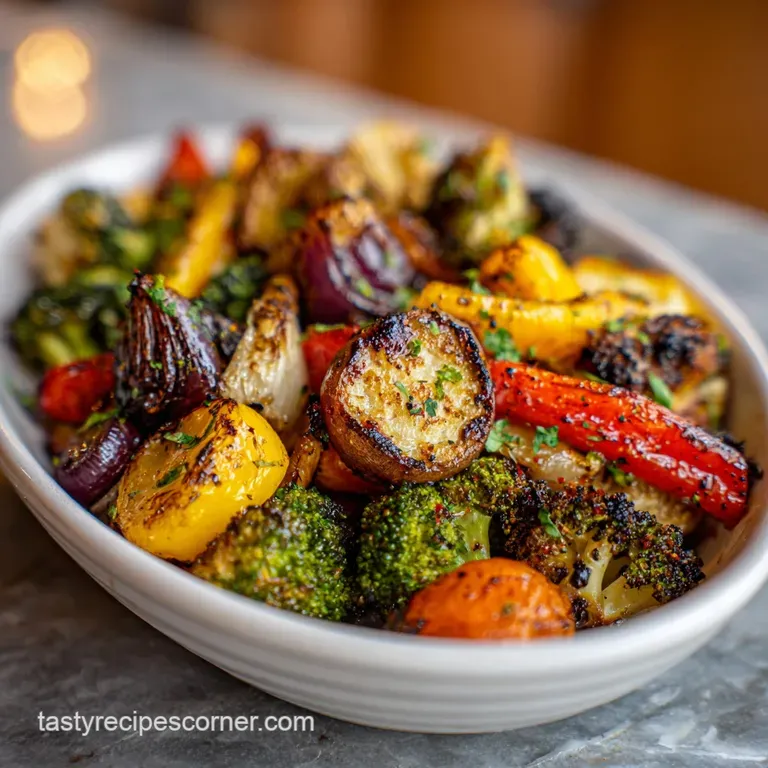 Elegantly plated roasted vegetables: colorful bell peppers, tender carrots, and browned onions, drizzled with a light, her...