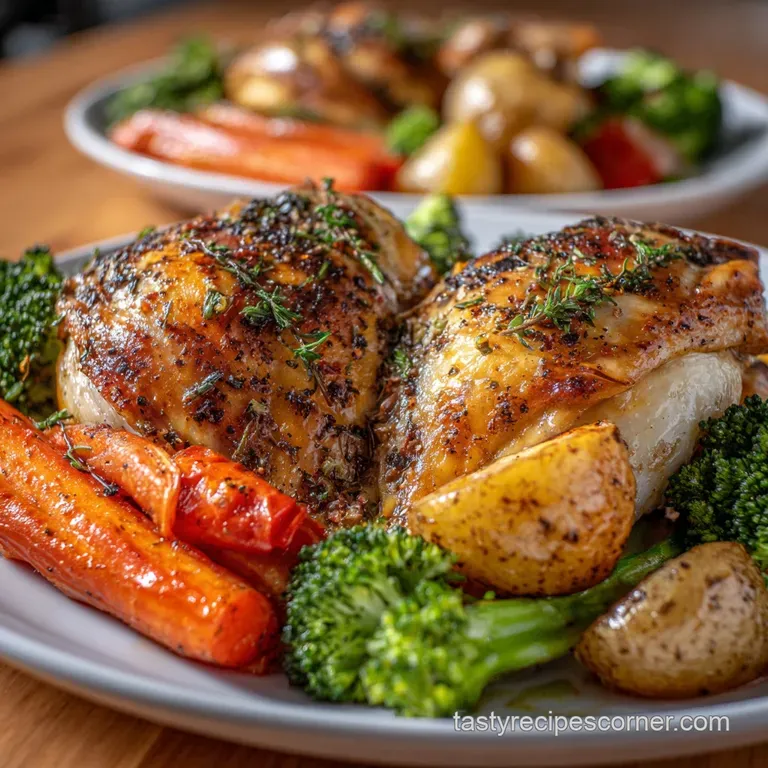 Perfectly roasted chicken breast and medley of vegetables artfully arranged on a white plate, steam rising, hint of herbs ...