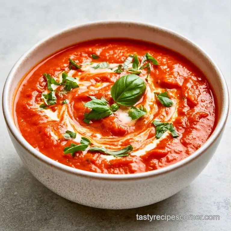 Velvety red soup in a white porcelain bowl with golden garlic croutons and a drizzle of olive oil on top.
