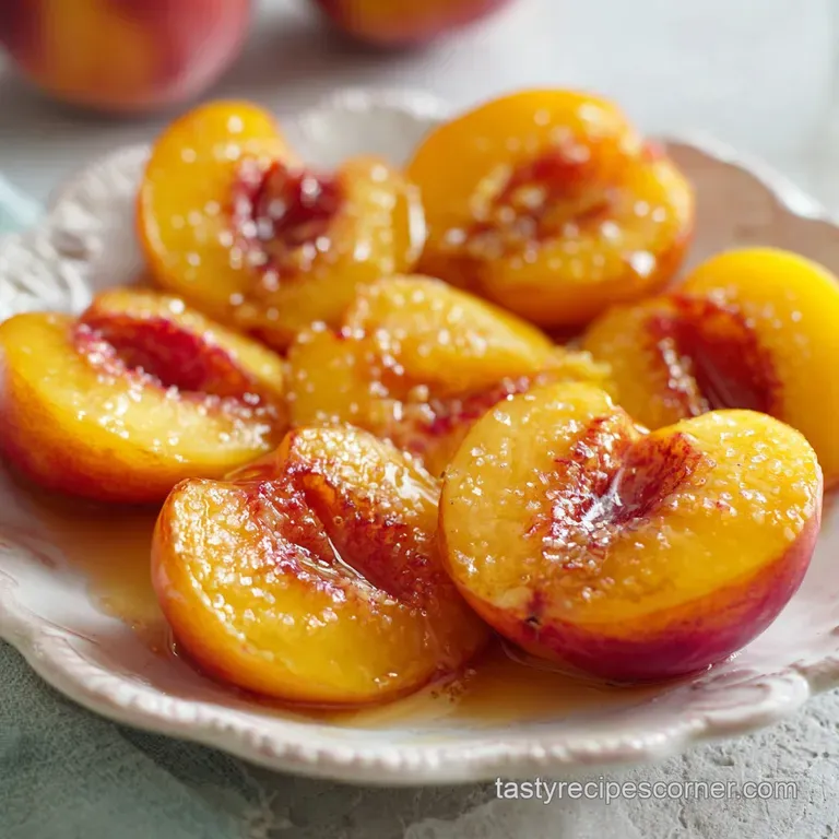 A tall glass filled with amber liquid, ice cubes, and a vibrant peach slice, looking refreshingly cool.