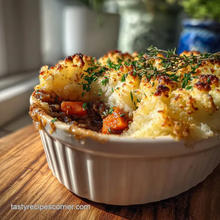 Individual ramekin of lentil shepherd's pie with a perfectly golden, slightly blistered crust and a sprig of thyme.