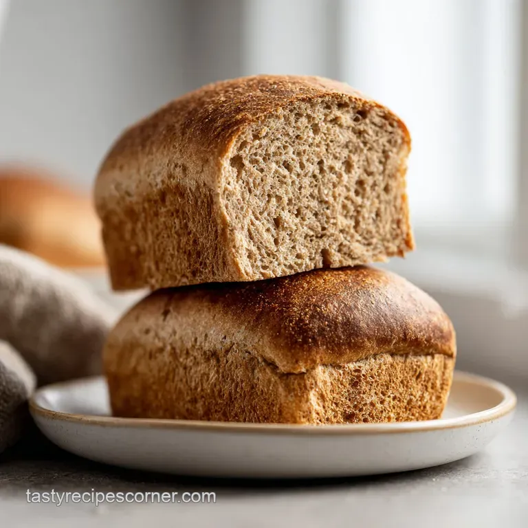 A thick slice of whole wheat bread with a soft, airy crumb sits on a white ceramic plate.